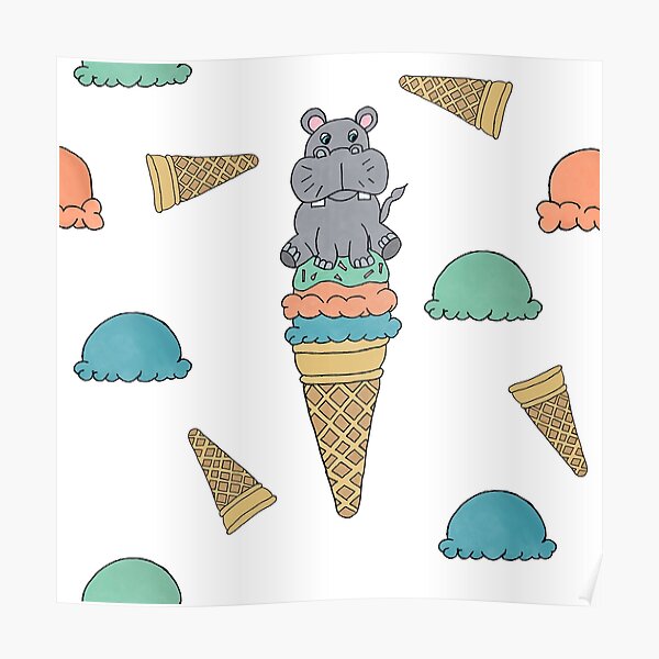 Cute Hippo sitting on an Icecream cone seamess surface pattern Poster