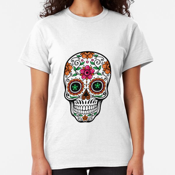 Colorful Sugar Skull & Retro FlowersPattern Background Classic T-Shirt