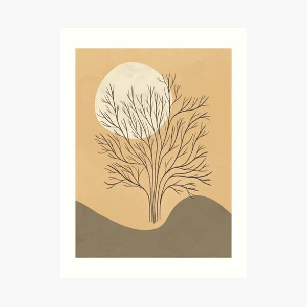 Minimalist landscape art with a tree and a sun, abstract minimal landscape with lines and shapes Art Print
