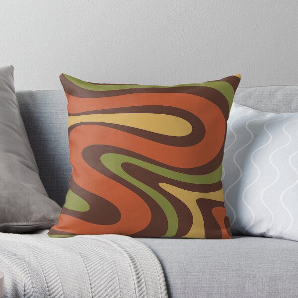 70s Swirls Abstract Pattern in Brown, Burnt Orange, Mustard Yellow, and Avocado Green Throw Pillow
