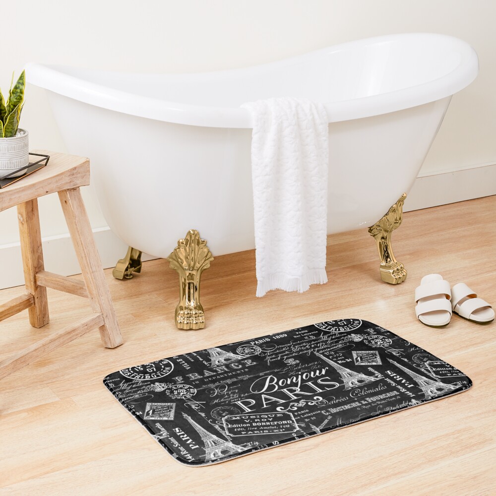 Vintage Paris French Lifestyle With Eiffel Tower Black And White Allover Pattern Bath Mat