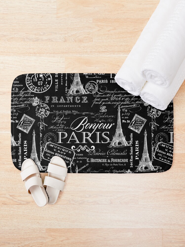 Alternate view of Vintage Paris French Lifestyle With Eiffel Tower Black And White Allover Pattern Bath Mat