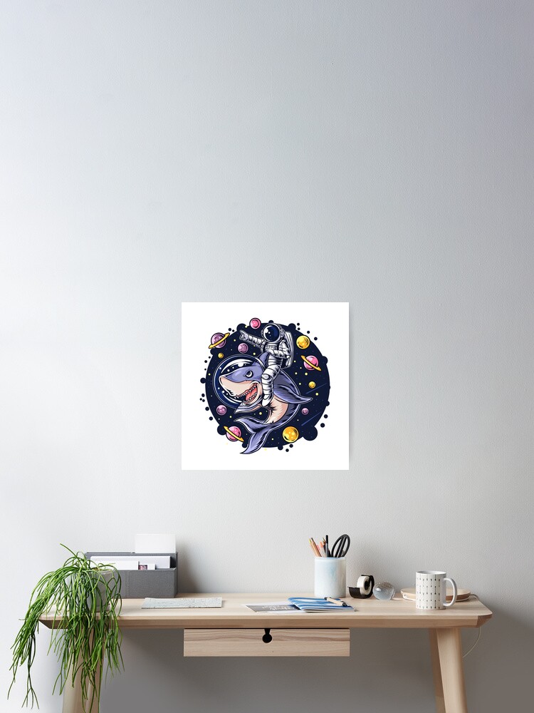 Thumbnail 2 of 3, Poster, Astronaut Ride Shark With Space Planet designed and sold by Rittichai.