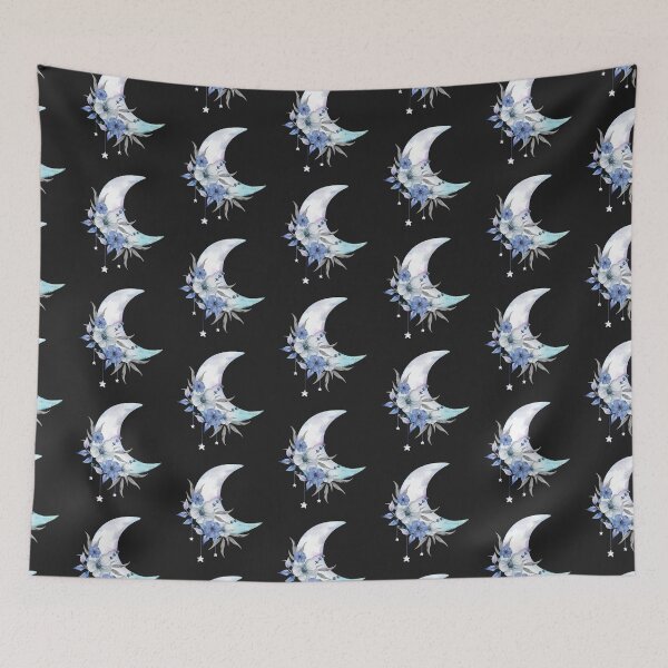 Item preview, Blue Crescent Moon with Flower and Hanging Stars designed and sold by Alicia Chee.