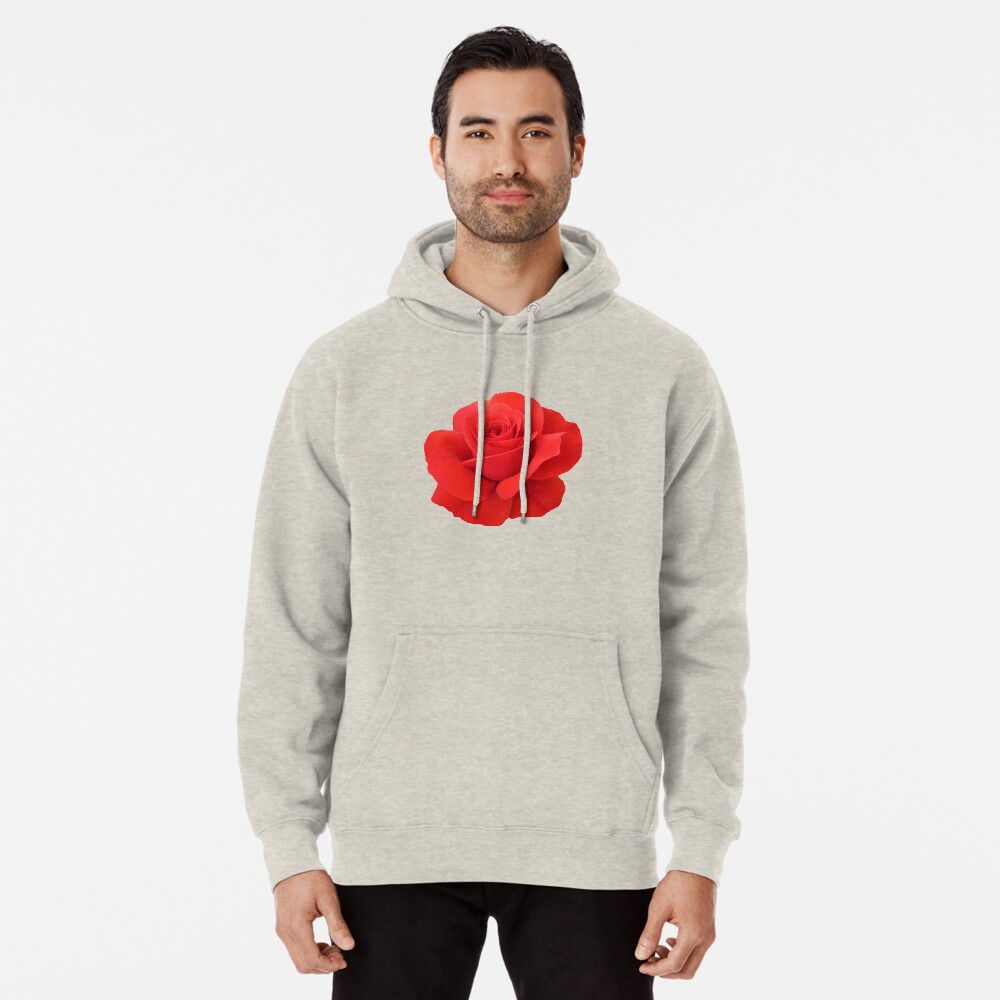 white hoodie with red roses