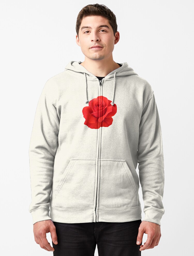 white hoodie with red roses