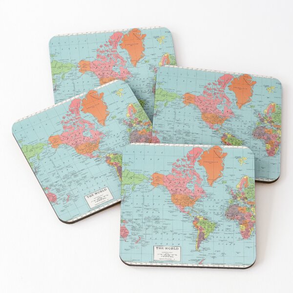 Item preview, Vintage Detailed America-Centric Red Blue World Map, Colorful Bohemian Map designed and sold by easteuromaps.