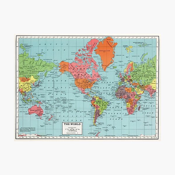 Item preview, Vintage Detailed America-Centric Red Blue World Map, Colorful Bohemian Map designed and sold by easteuromaps.