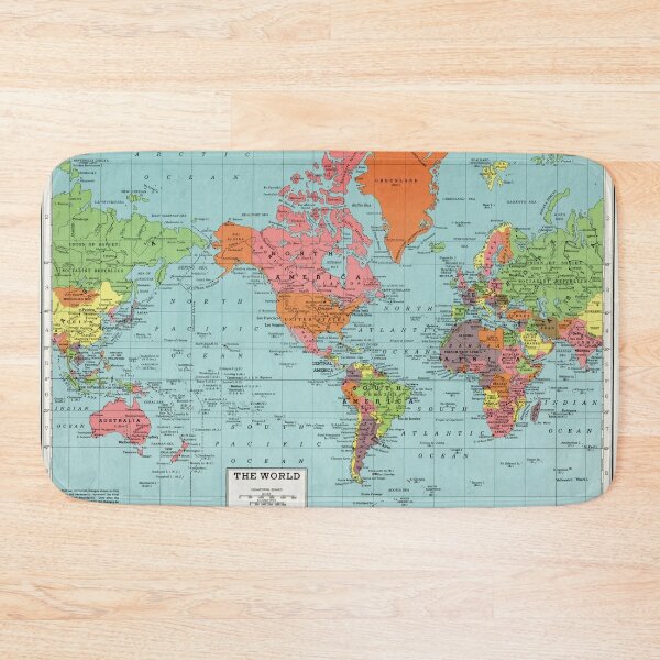 Vintage Detailed America-Centric Red Blue World Map Bath Mat