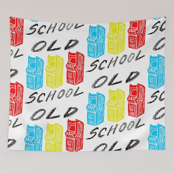 Item preview, Old School (blue, yellow, red) - original linocut design and print with pencil designed and sold by PixelPalmer.