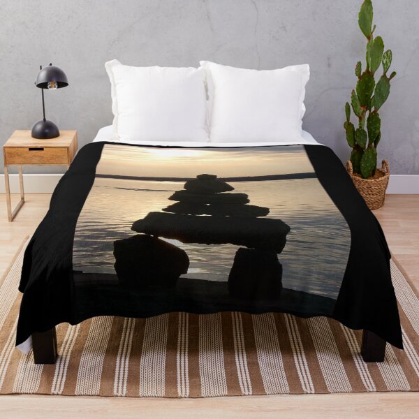 Item preview, Inuit Inukshuk Balanced Rock Man Meditation Sunset Over Water designed and sold by dreamlifemojo.