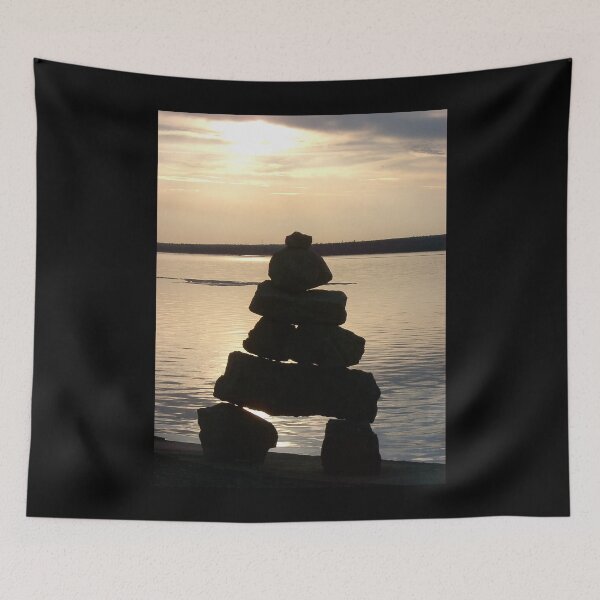 Item preview, Inuit Inukshuk Balanced Rock Man Meditation Sunset Over Water designed and sold by dreamlifemojo.