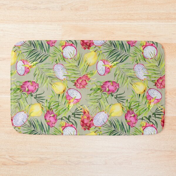 Item preview, Tropical fruits, dragonfruits and palm leaves. Watercolor pattern on olive green designed and sold by AnjeseAnna.