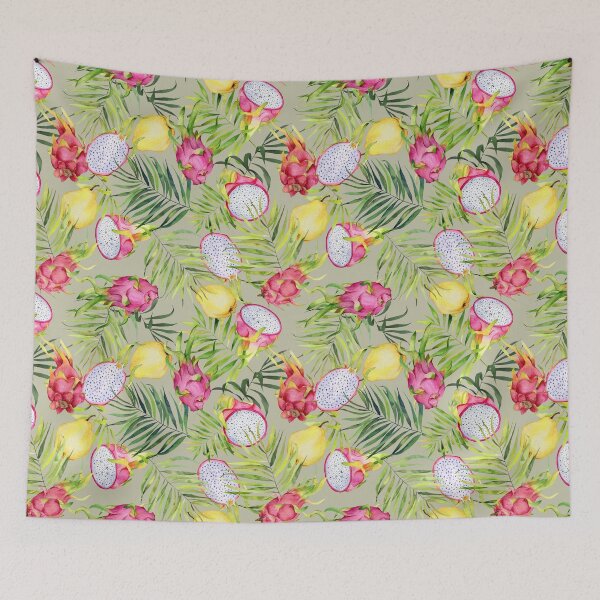 Item preview, Tropical fruits, dragonfruits and palm leaves. Watercolor pattern on olive green designed and sold by AnjeseAnna.
