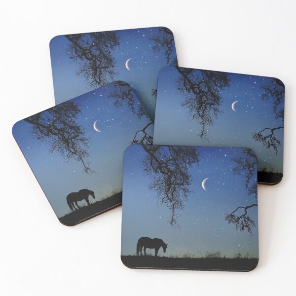 Item preview, Horse and Crescent Moon with Oak Trees Starry Night Surreal Fantasy designed and sold by Stephanie Laird.