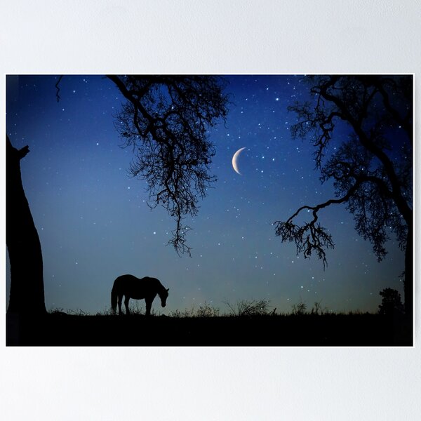 Item preview, Horse and Crescent Moon with Oak Trees Starry Night Surreal Fantasy designed and sold by Stephanie Laird.