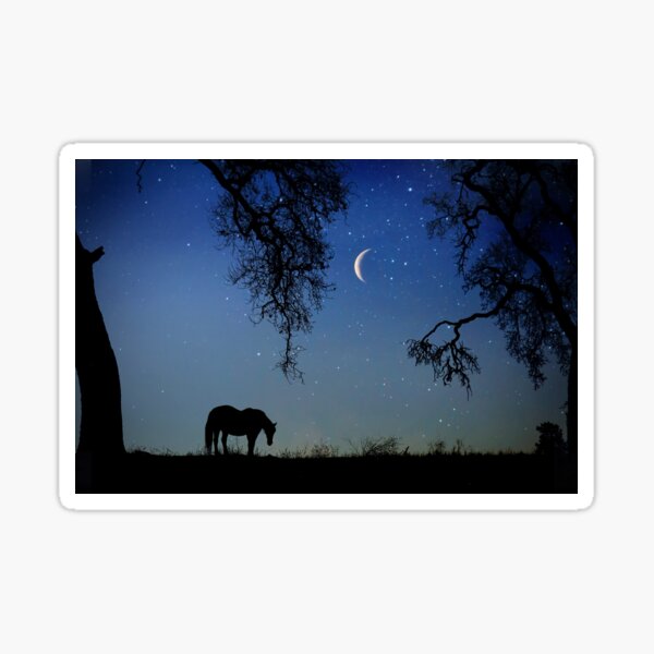 Item preview, Horse and Crescent Moon with Oak Trees Starry Night Surreal Fantasy designed and sold by Stephanie Laird.