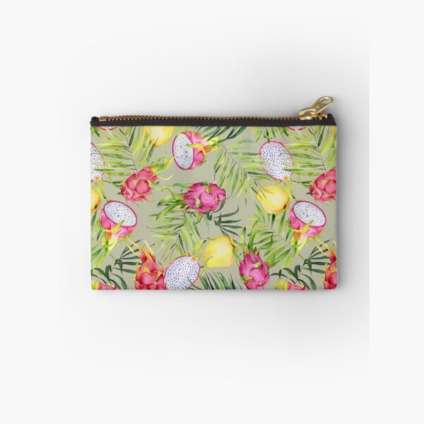 Item preview, Tropical fruits, dragonfruits and palm leaves. Watercolor pattern on olive green designed and sold by AnjeseAnna.