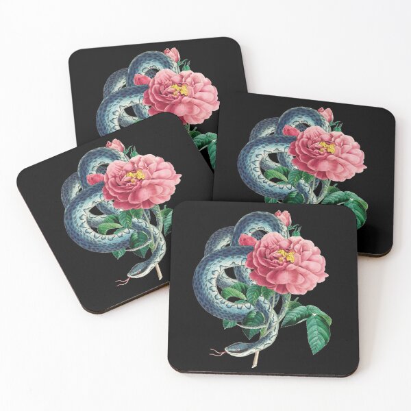 Item preview, Vintage Coiling Blue Tree Snake and Pink Roses designed and sold by chimakingthings.