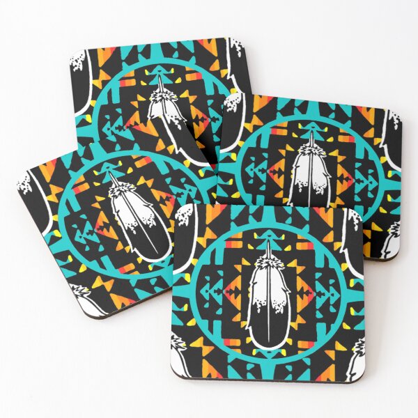 Item preview, Native American Round Bright Turquoise / Fire Color Feather Art Pattern Print -Style 4   designed and sold by JMWCD.