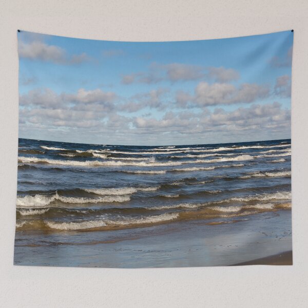 Item preview, White cumulus clouds in sky over wavy Baltic sea designed and sold by lena-maximova.