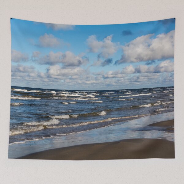 Item preview, White cumulus clouds in sky over wavy Baltic sea designed and sold by lena-maximova.