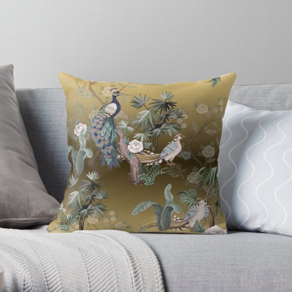 Chinoiserie Wallpaper - Fengshui Oriental Golden Garden with Peacock Throw Pillow
