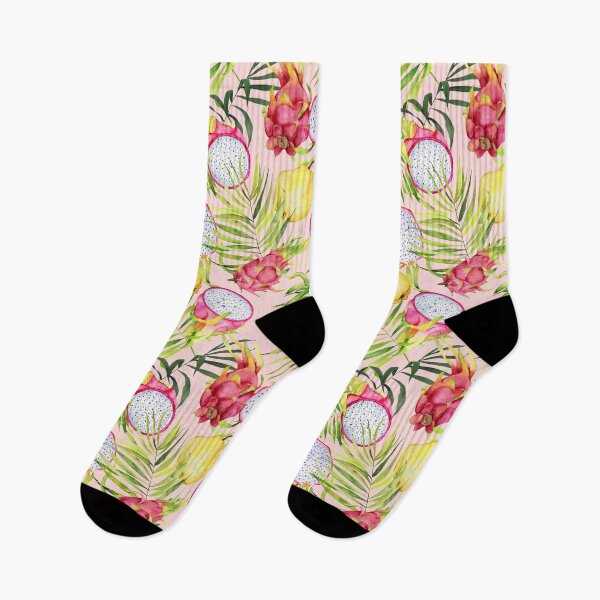 Item preview, Tropical fruits, dragonfruits and palm leaves. Watercolor pattern on rose pink designed and sold by AnjeseAnna.