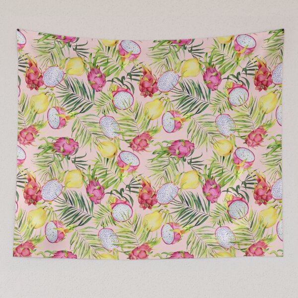 Item preview, Tropical fruits, dragonfruits and palm leaves. Watercolor pattern on rose pink designed and sold by AnjeseAnna.