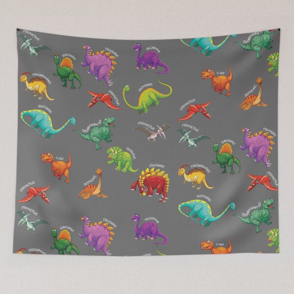 Item preview, Bright colorful funny dinosaurs’ seamless pattern with species name designed and sold by mashmosh.