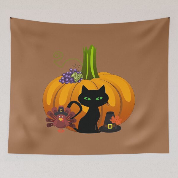 Item preview, Thanksgiving Black Cat with Pumpkin, Turkey, Pilgrim Hat designed and sold by silviaol.