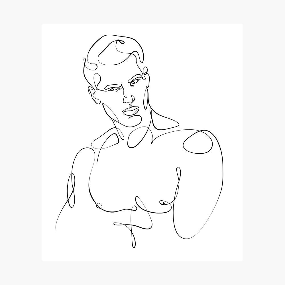 Men face one line art portrait with naked chest