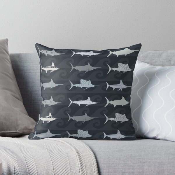Marlin Billfish Print Throw Pillow - Dark Navy Throw Pillow