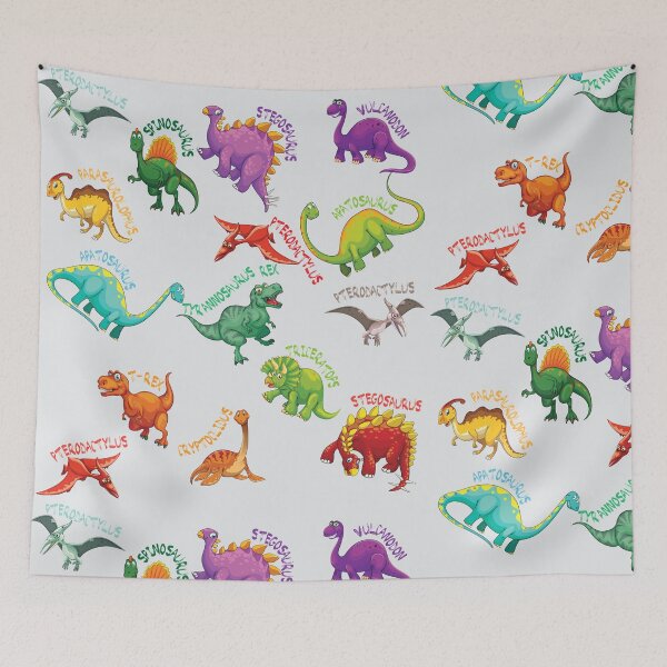 Item preview, Bright colorful dinosaur seamless pattern with species name designed and sold by mashmosh.