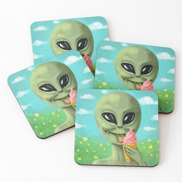 Item preview, green funny cute alien with a pink ice cream  designed and sold by luboffke.