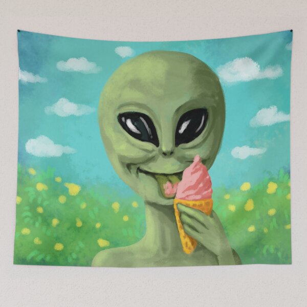 Item preview, green funny cute alien with a pink ice cream  designed and sold by luboffke.