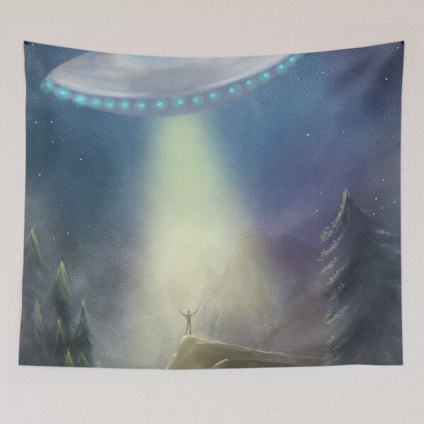 Item preview, color drawing. UFO in the sky and a man in the spotlight from a flying saucer designed and sold by luboffke.