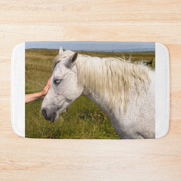 Item preview, A woman caresses a white horse in the meadow designed and sold by AlbertMi.