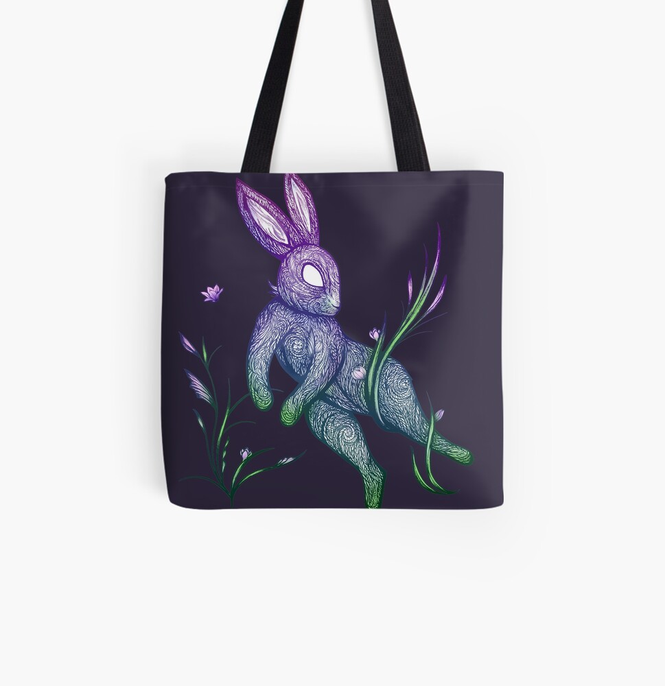 rabbit floral black tote bag, art by Sherrie Thai of Shaireproductions.com