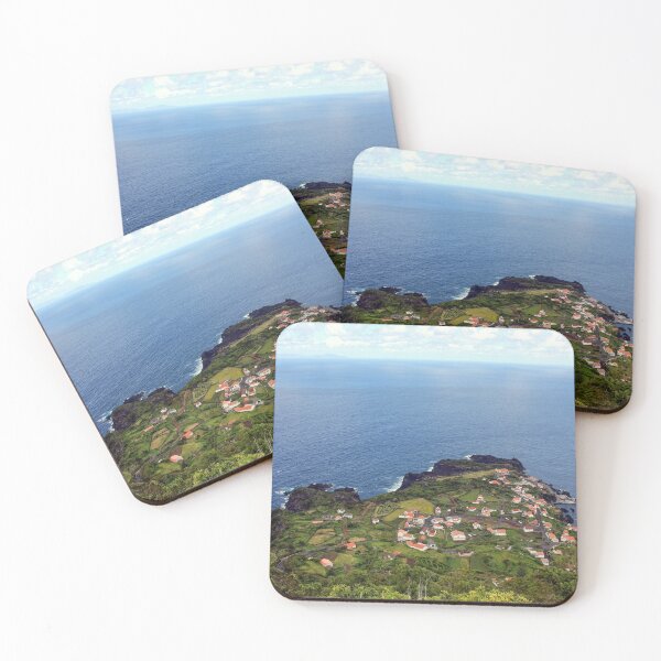 Item preview, Azores landscape, view over cliffs with some houses and green vegetation, Sao Jorge island. designed and sold by AylaHarbich.