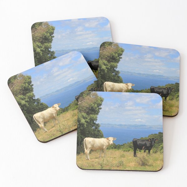 Item preview, Cute and funny looking cows with a great view over the Atlantic ocean, during hiking trail at the Azores island Pico, view to Sao Jorge island. designed and sold by AylaHarbich.