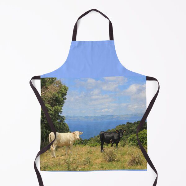 Item preview, Cute and funny looking cows with a great view over the Atlantic ocean, during hiking trail at the Azores island Pico, view to Sao Jorge island. designed and sold by AylaHarbich.