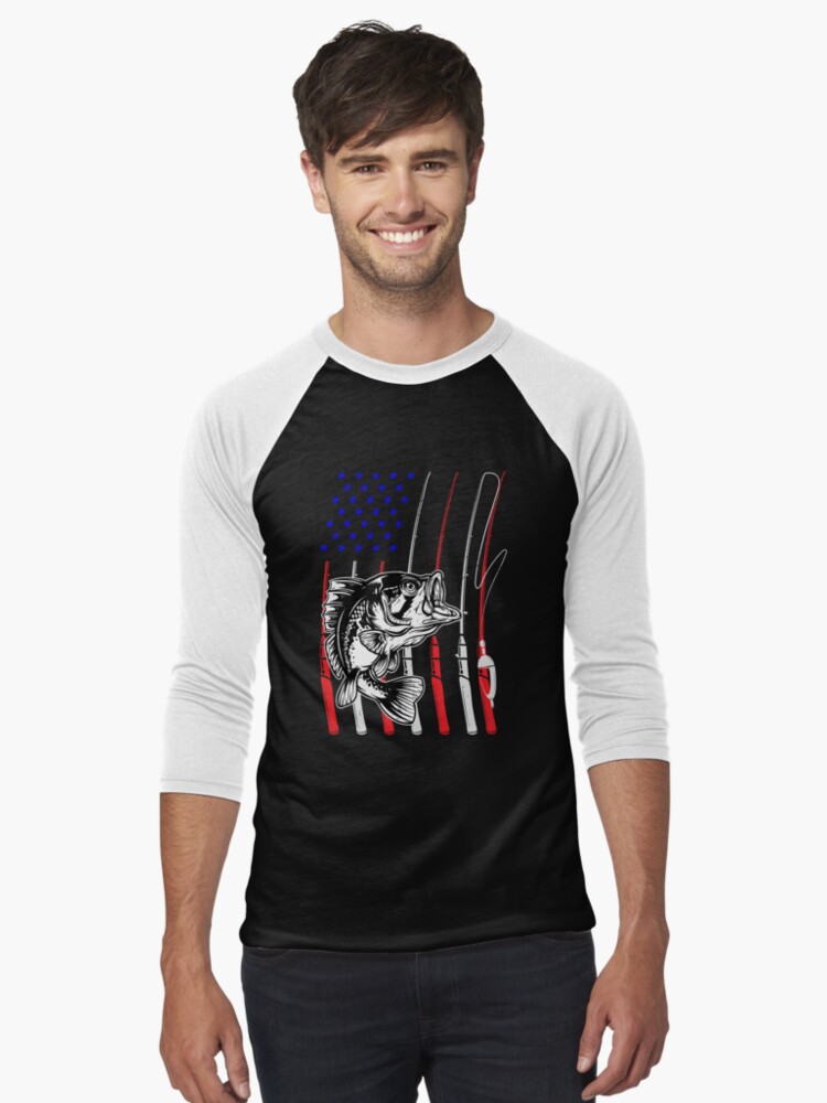 Imagen 1 de 3, Camiseta ¾ estilo béisbol con la obra Pesca Bandera Americana Bandera Caña De Pescar Americana, diseñada y vendida por Enomis72.