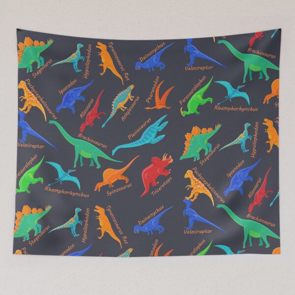 Item preview, colorful dinosaurs seamless pattern with species name designed and sold by mashmosh.