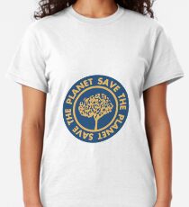 Save the planet hand drawn lettering on clean white background. Retro style calligraphy, motivational phrase for Earth day. For greeting card, logo, badge, print, poster, party designs. Classic T-Shirt