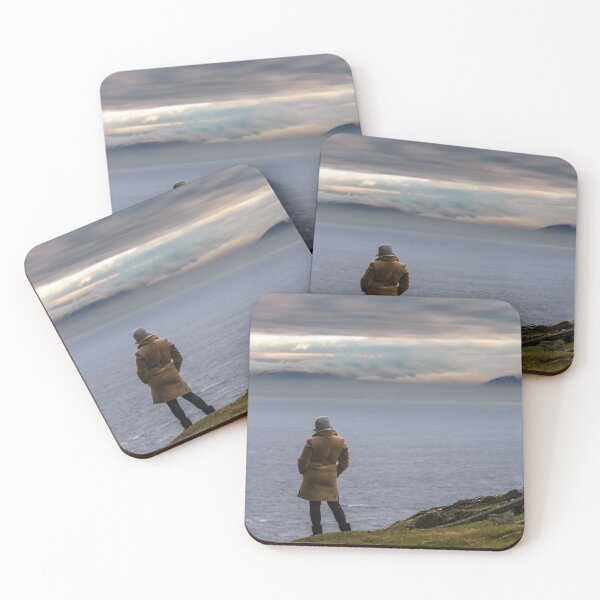 Item preview, Woman enjoying view of ocean with mountains and beautiful cloudscape, from Slieve League mountain on the Atlantic coast of County Donegal, Ireland designed and sold by AlbertMi.