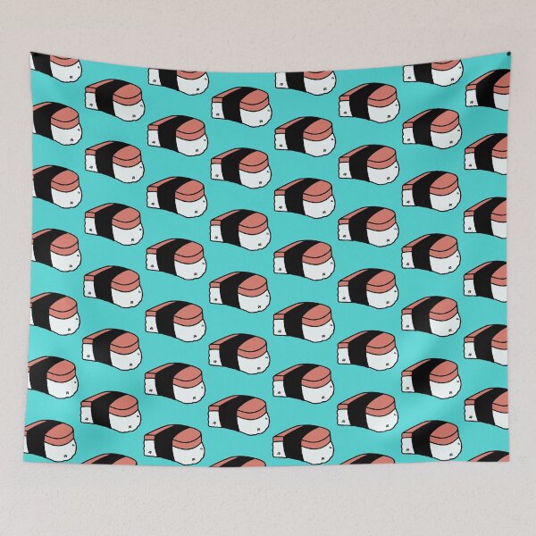 Item preview, Teal Background Musubi Lunch Meat Cute Funny Food Foodie Pink Rice Nori Sushi Oni Onigiri Ball Asian Cuisine  designed and sold by mariesmunchies.