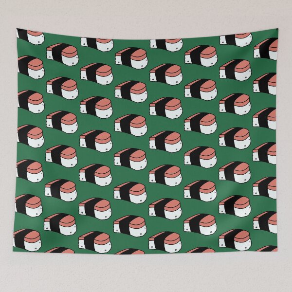 Item preview, Green Background Musubi Lunch Meat Cute Funny Food Foodie Pink Rice Nori Sushi Oni Onigiri Ball Asian Cuisine  designed and sold by mariesmunchies.