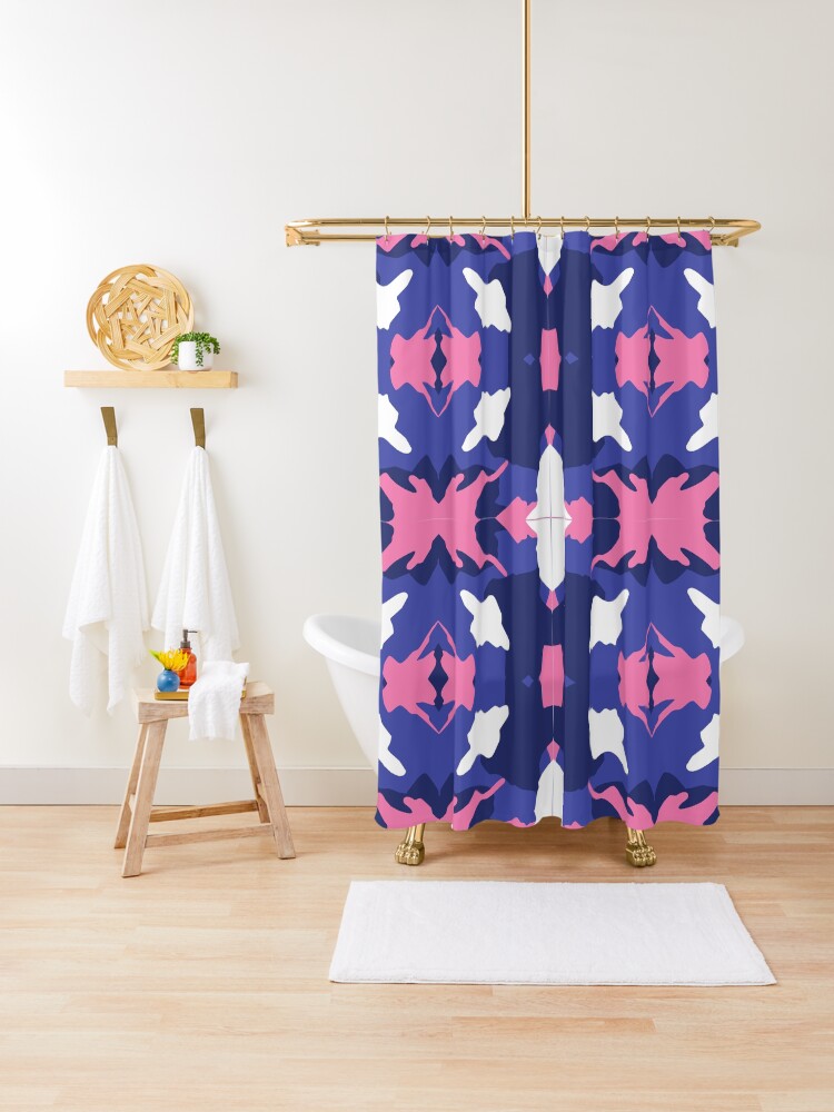 Thumbnail 1 of 5, Shower Curtain, Blue Pink White Girl Camo Pattern designed and sold by DesignsbyEH.