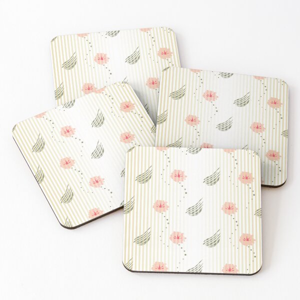 Item preview, vertically striped floral pattern in pink, green, and pale yellow designed and sold by rysunki-malunki.